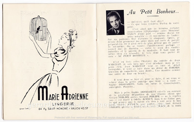 "Au Petit Bonheur" : programme de salle du Théâtre Gramont (1944), avec Gérard Philipe, Odette Joyeux, Sophie Desmarets, Jean Marchat.