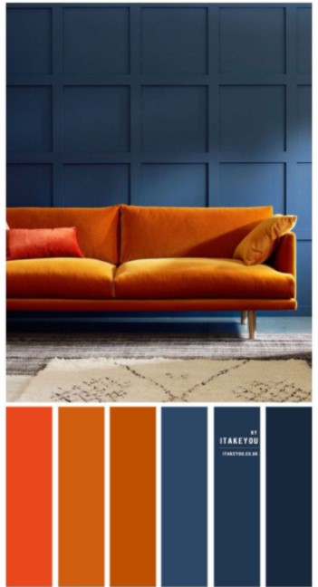 blue and orange color scheme for living room