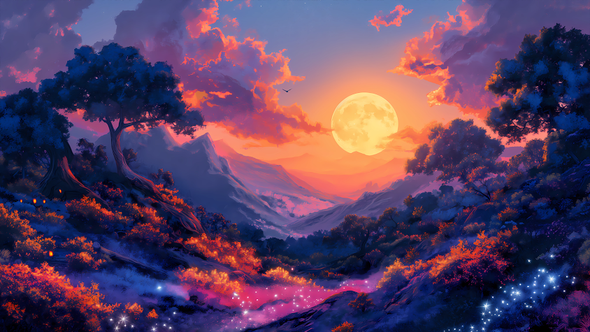 Enchanted landscape with a full moon rising over a mystical valley filled with radiant flowers and majestic trees under a twilight sky.