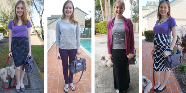 4 outfit ideas with mulbery alexa purple toned bag with other purple clothing pieces in an outfit | awayfromblue