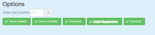 Buttons and text that says. Options Slider start position 1 %  Show Labels  Show Credits  Animate  Make Responsive  Vertical