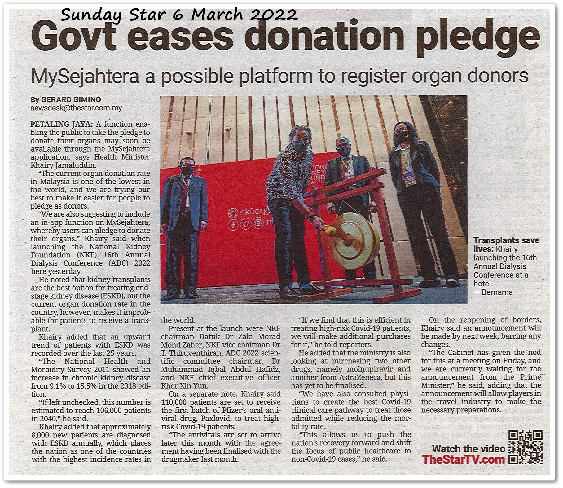 Govt eases donation pledge ; MySejahtera a possible platform to register organ donors - Keratan akhbar Sunday Star 6 March 2022