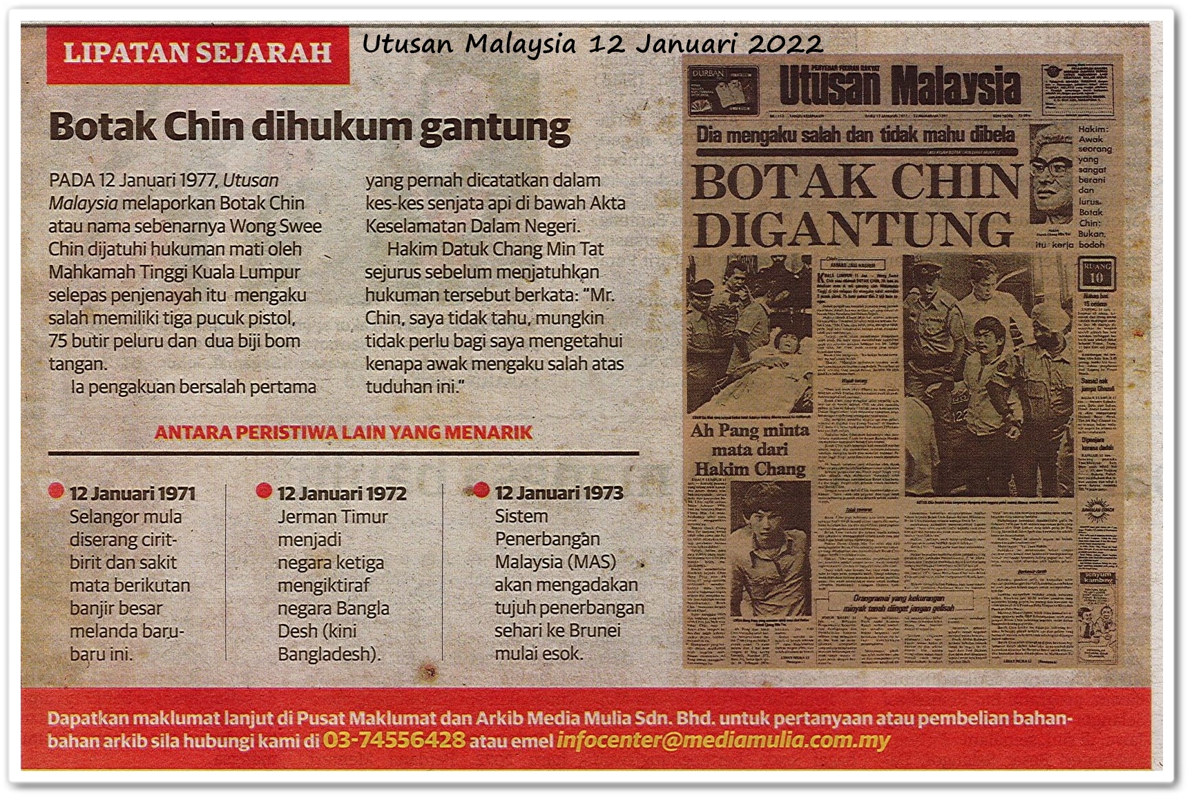 Lipatan sejarah 12 Januari - Keratan akhbar Utusan Malaysia 12 Januari 2022