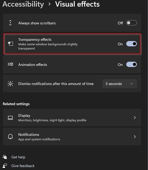 toggle the switch to turn on or off transparency effects in Windows 11