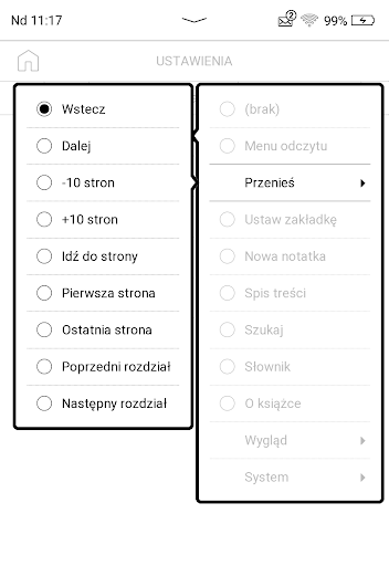 PocketBook InkPad Lite – dostępne opcje mapowania klawiszy w trybie EPUB, FB2