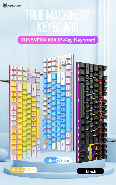 XUNSVFOX K80 Mechanical Keyboard 87 Keys Mixed-Color Keycaps Blue Switch USB Wired Rainbow Light 80% TKL Layout Gaming Keyboard