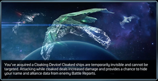 You've aquired a Cloaking Device!. Cloaked ships are temporarily invisible and cannot targeted. Attacking while cloaked deals increased damage and provides a chance to hide your name and alliance data from enemy Battle Reports.