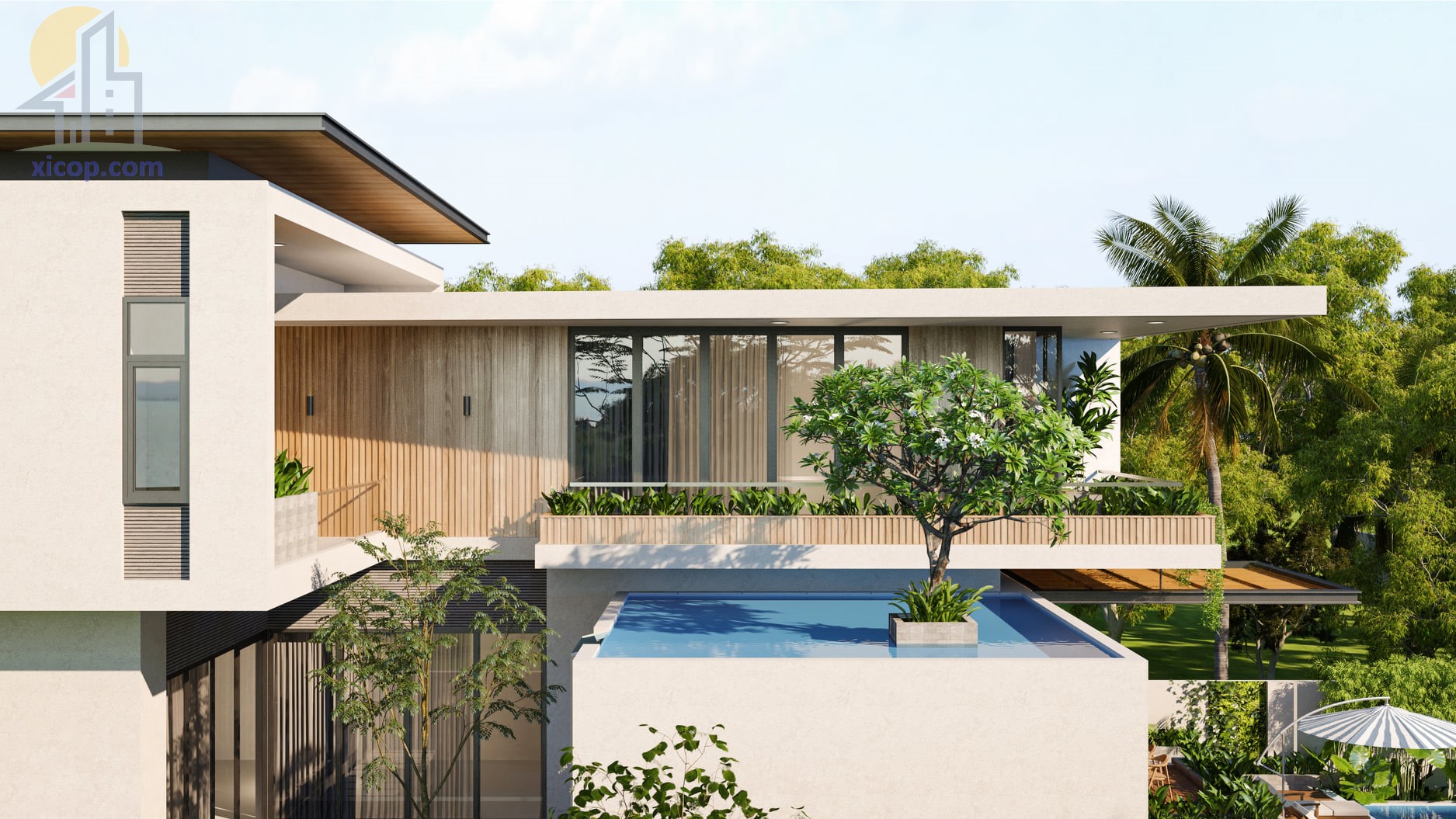 Mẫu nhà biệt thự đẹp có hồ bơi 2 tầng mái bằng thiết kế hiện đại