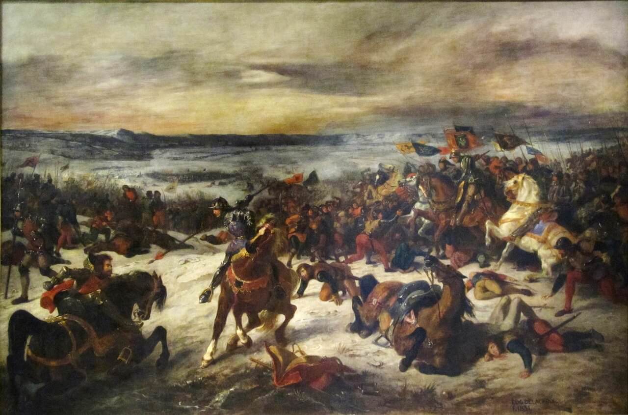 Romantic painter Eugène Delacroix's The Battle of Nancy and the Death of Charles the Bold painting created in 1831.