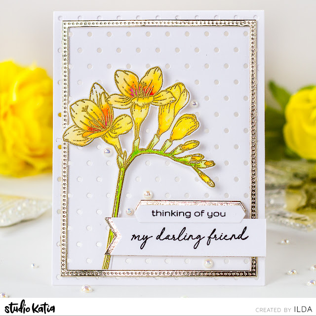 Thinking of You, Freesia Floral Card,Studio Katia, Card Making, Stamping, Die Cutting, handmade card, ilovedoingallthingscrafty, Stamps, how to,  Spring, Friendship card, See through,Mini Polka Dots Cover Die,