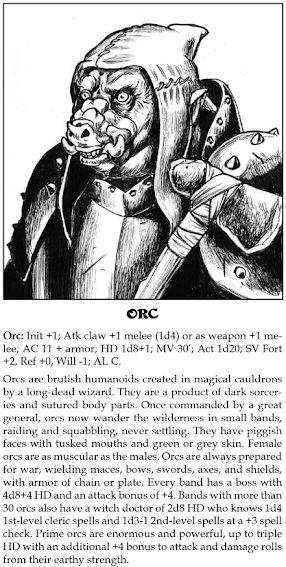 The monster entry for Orc from Dungeon Crawl Classics. The Orc is very pig or boar like, with a snout and tusks.