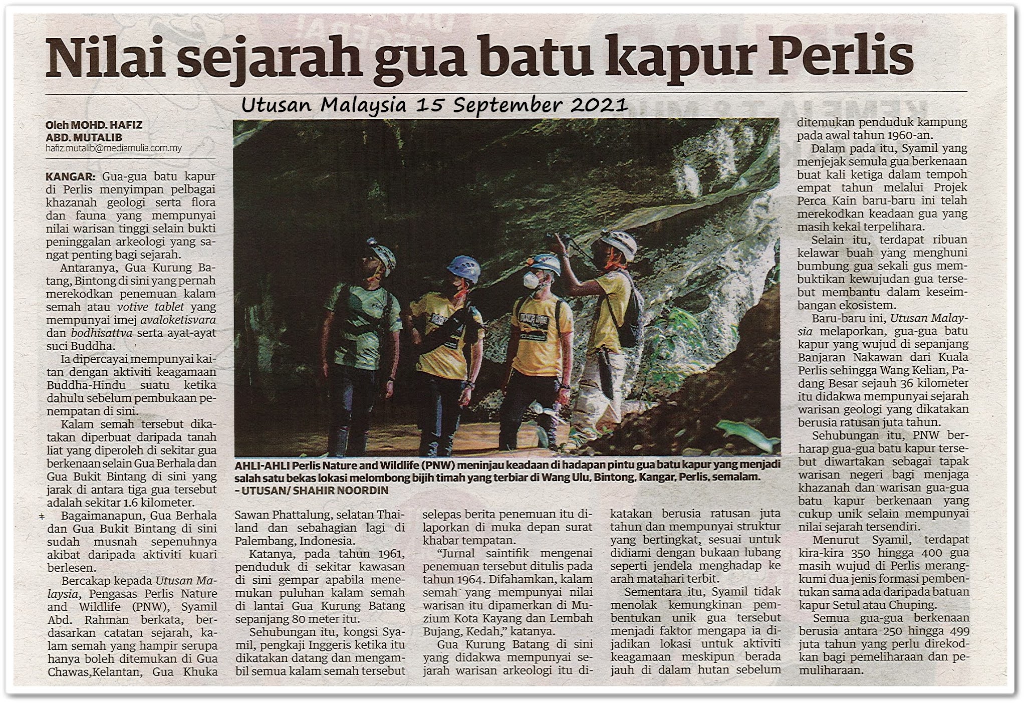 Nilai sejarah batu kapur Perlis - Keratan akhbar Utusan Malaysia 15 September 2021