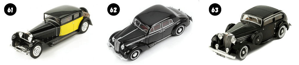 bugatti 41 royale coach weymann 1:43, opel admiral 1:43, jaguar ss1 airline coupe 1:43, coleccion ixo museum