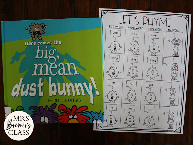 Here Comes the Big Mean Dust Bunny book activities unit with Common Core literacy activities and craftivity for Kindergarten and First Grade