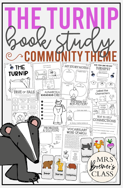 The Turnip Jan Brett book activities unit with Common Core companion literacy activities for Kindergarten and First Grade