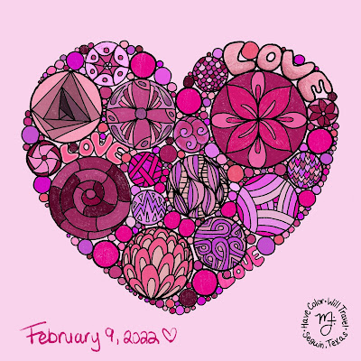 A full colored Valentine's Day coloring page is shown colored all in pink.