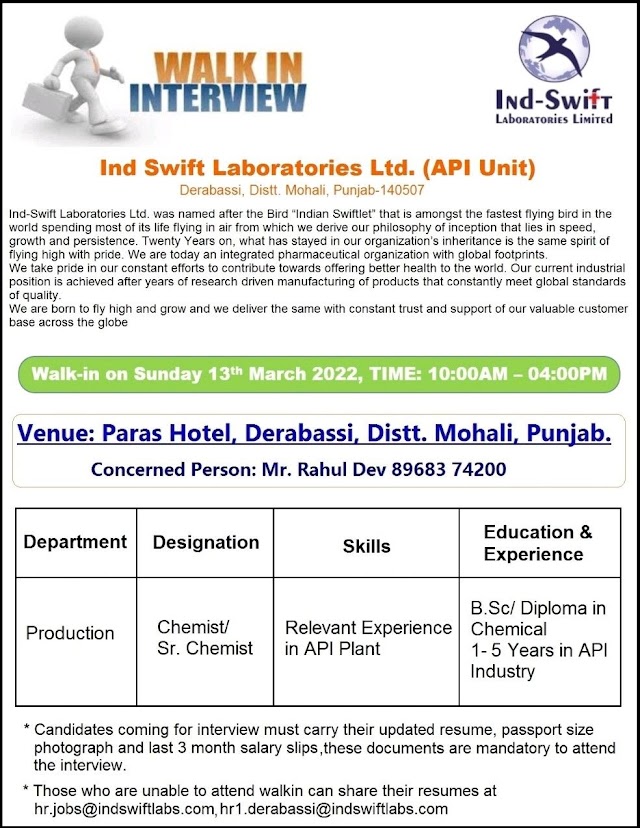 Ind-Swift Labs | Walk-in interview for Production at Mohali on 13th March 2022