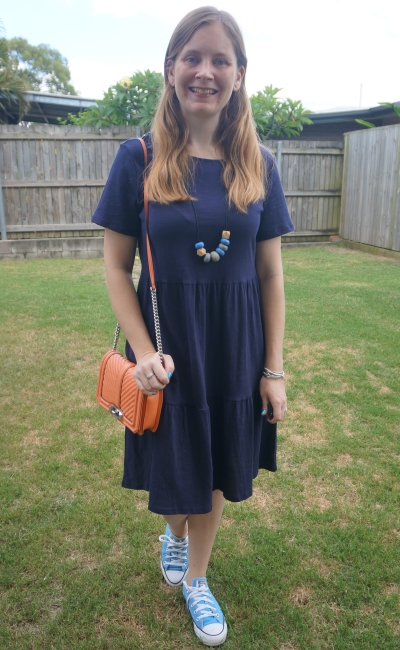 kmart short sleeved tiered dress in navy indigo with Rebecca Minkoff chevron quilted small Love crossbody bag in pale coral | awayfromtheblue