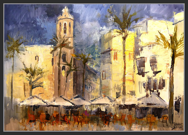 CADIZ-PINTURA-ARTE-PLAZA-CATEDRAL-TERRAZAS-RESTAURANTES-PALMERAS-PAISAJES-CIUDADES-ANDALUCIA-PINTOR-ERNEST DESCALS