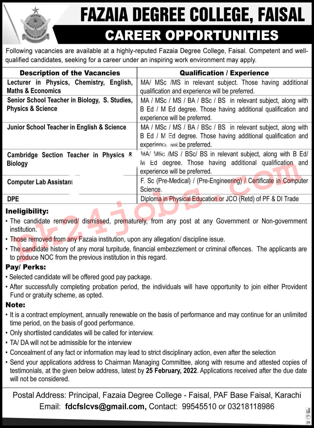 Fazaia College Jobs 2022 – Government Jobs 2022