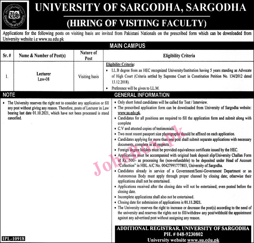 University of Sargodha UOS Jobs 2021 – Application Form www.su.edu.pk