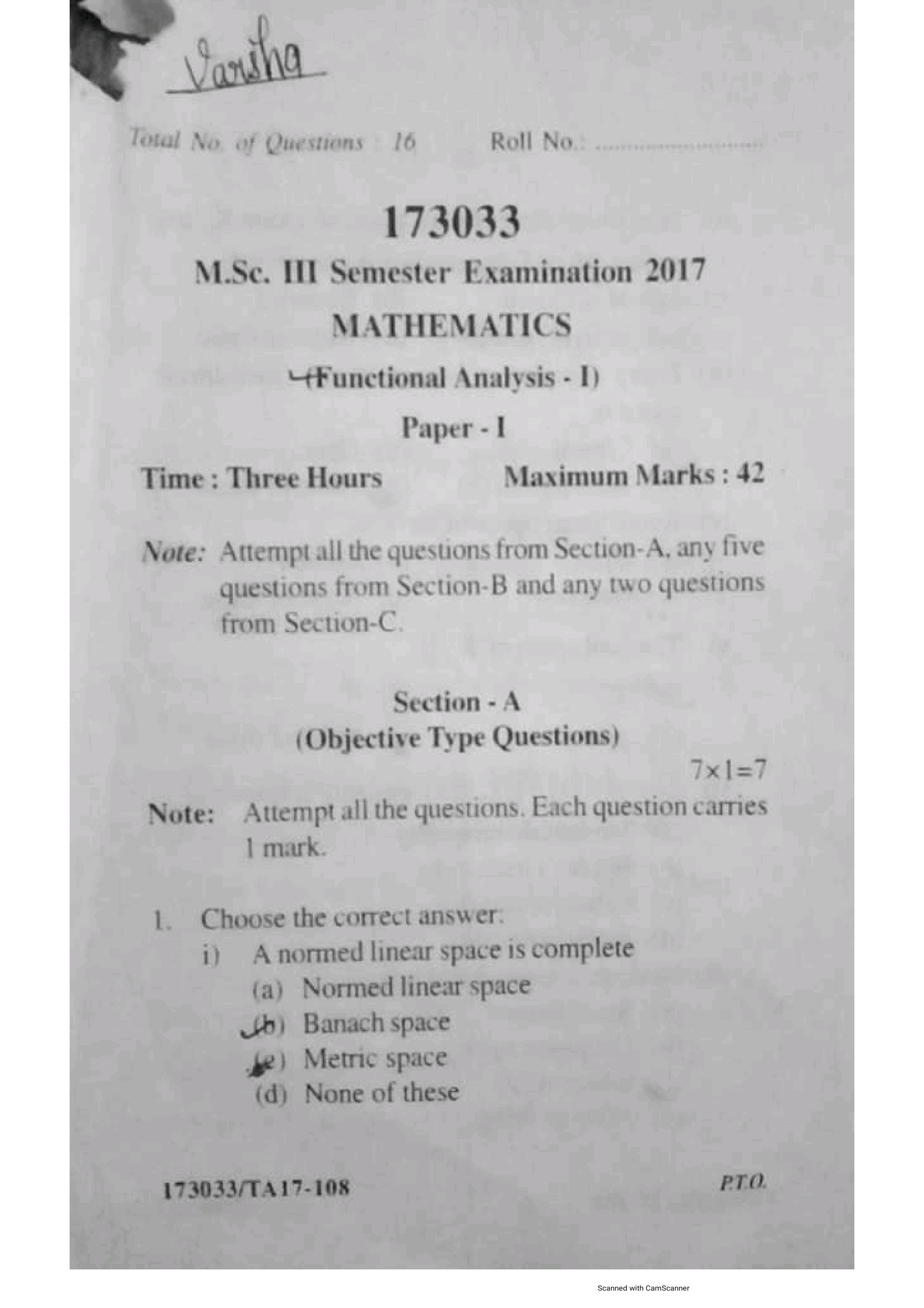 Mathematics M.Sc - IIIrd Sem Previous Question Papers Subject - Functional Anaysis