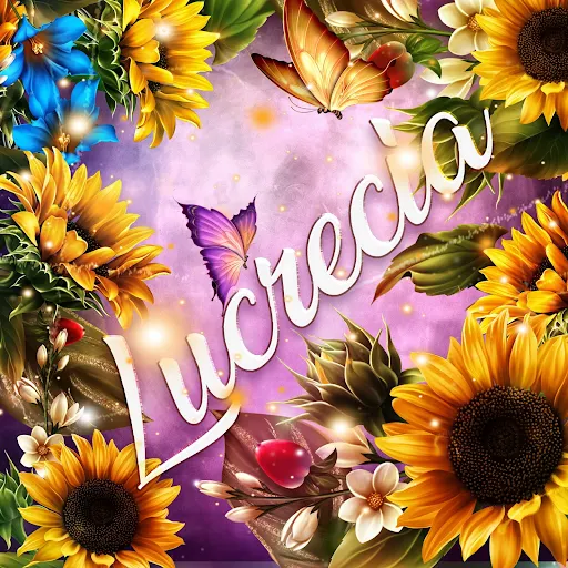 imágen con el nombre lourdes con fondo de girasoles y mariposas para descargar gratis