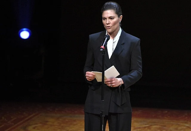 Crown Princess Victoria wore a new Jawana blazer by Hugo Boss, and satin neck-tie blouse by Peter Pilotto