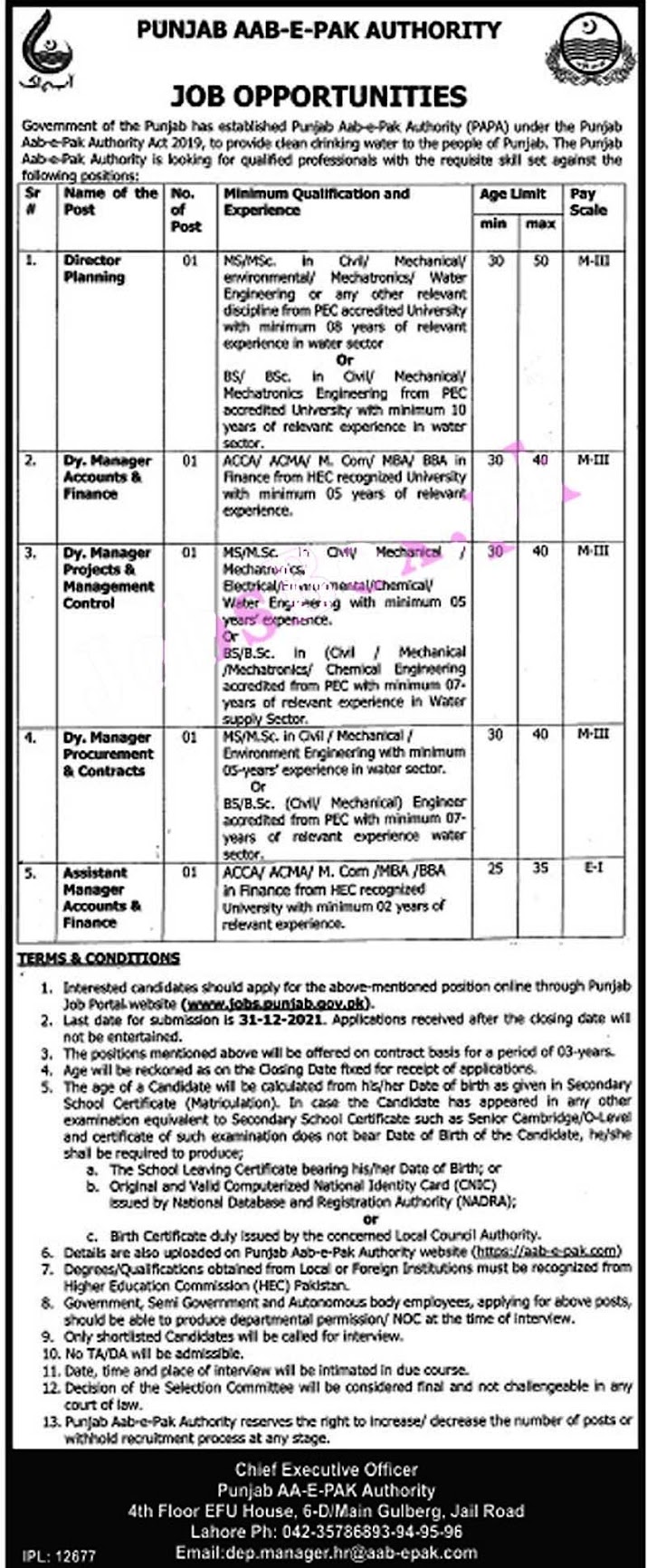 Punjab Aab-e-Pak Authority Jobs 2021