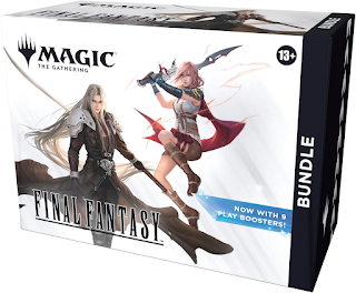 BUNDLE CONTENTS—9 Magic: The Gathering—FINAL FANTASY Play Boosters, 2 Traditional Foil Extended-Art cards, 32 Full-Art Land cards (16 foil, 16 nonfoil), 1 Spindown life counter, 1 card storage box, and 2 reference cards for $69.99.