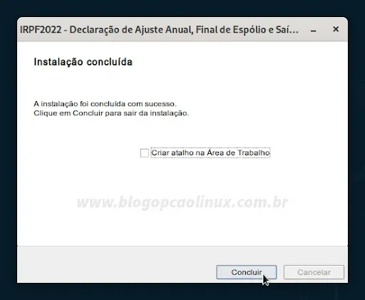Clique em 'Concluir' para fechar a janela do instalador