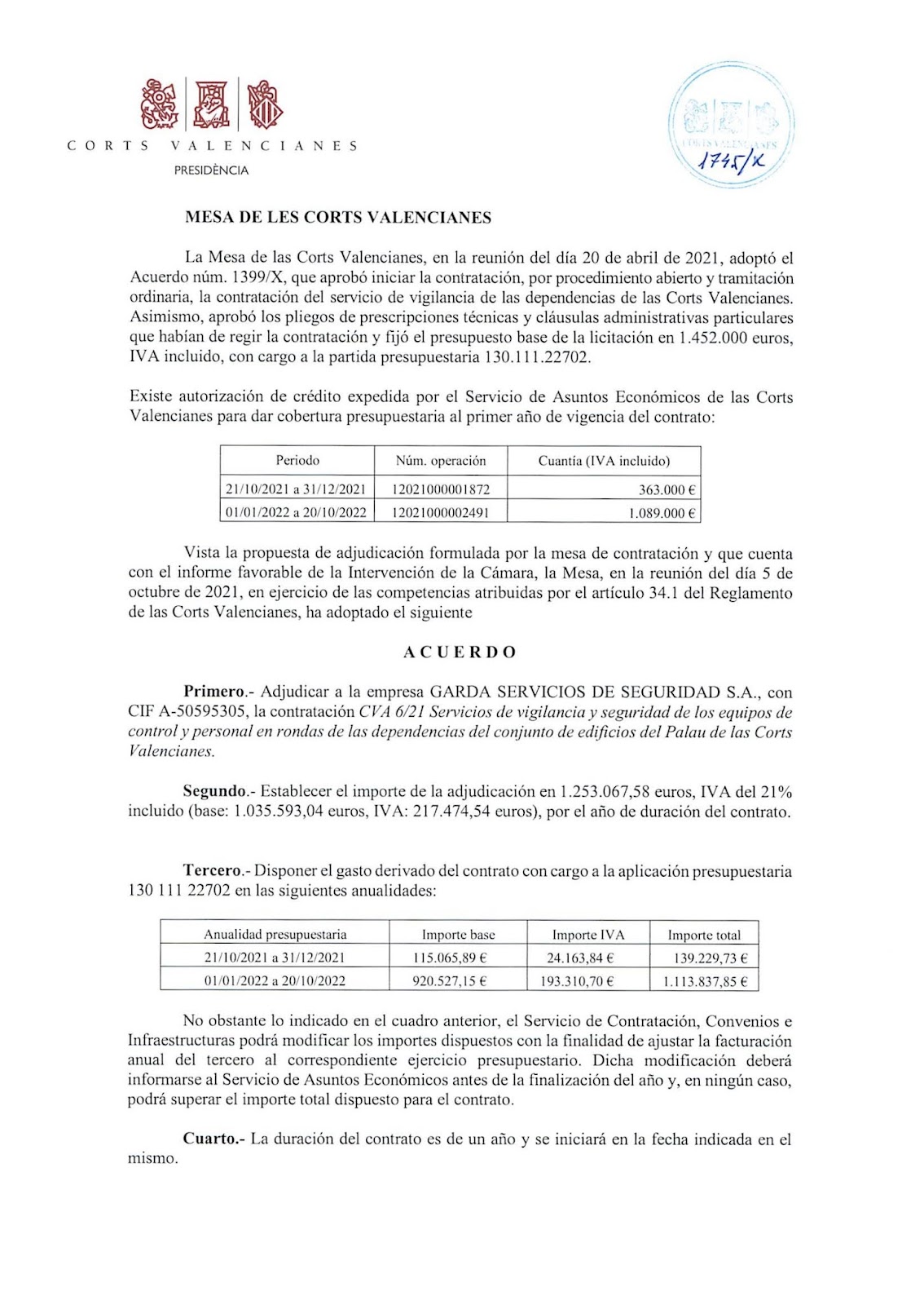 Adjudicado la seguridad privada de las Cortes valencianas