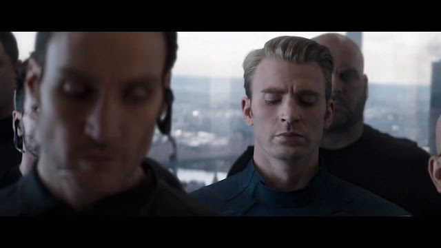 Captain America preparing to fight in an elevator