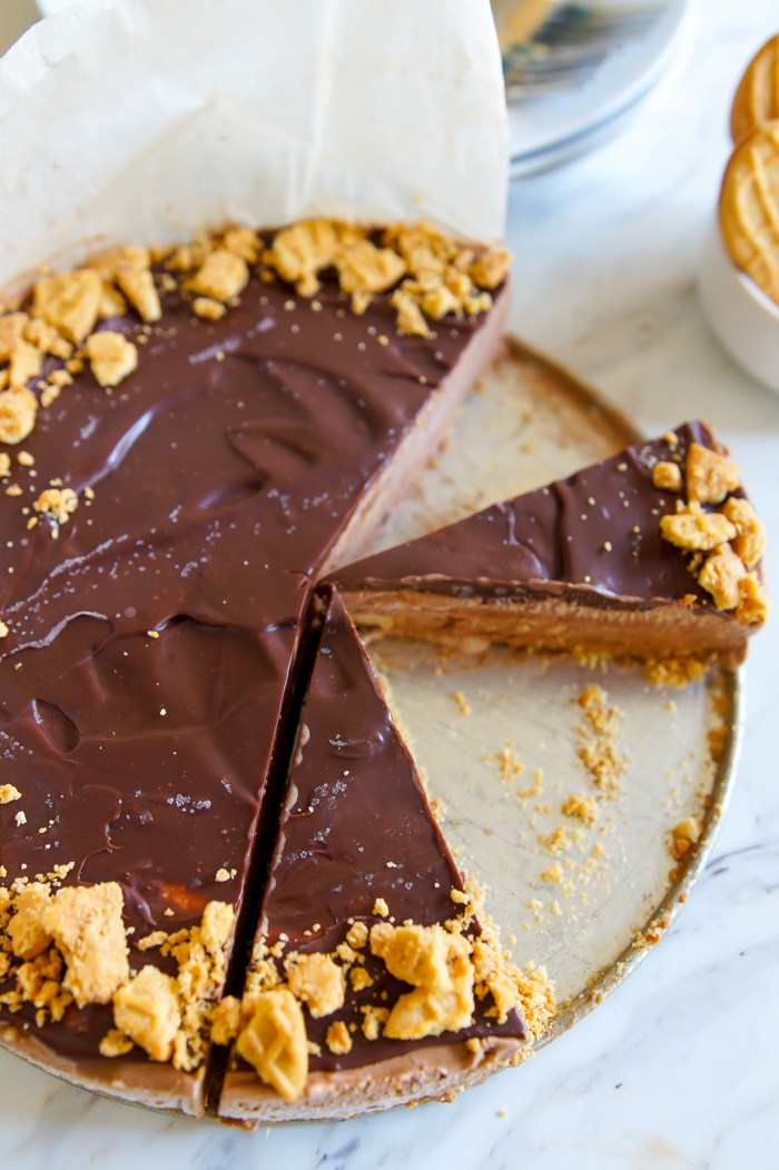 chocolate peanut butter ice cream pie in slices