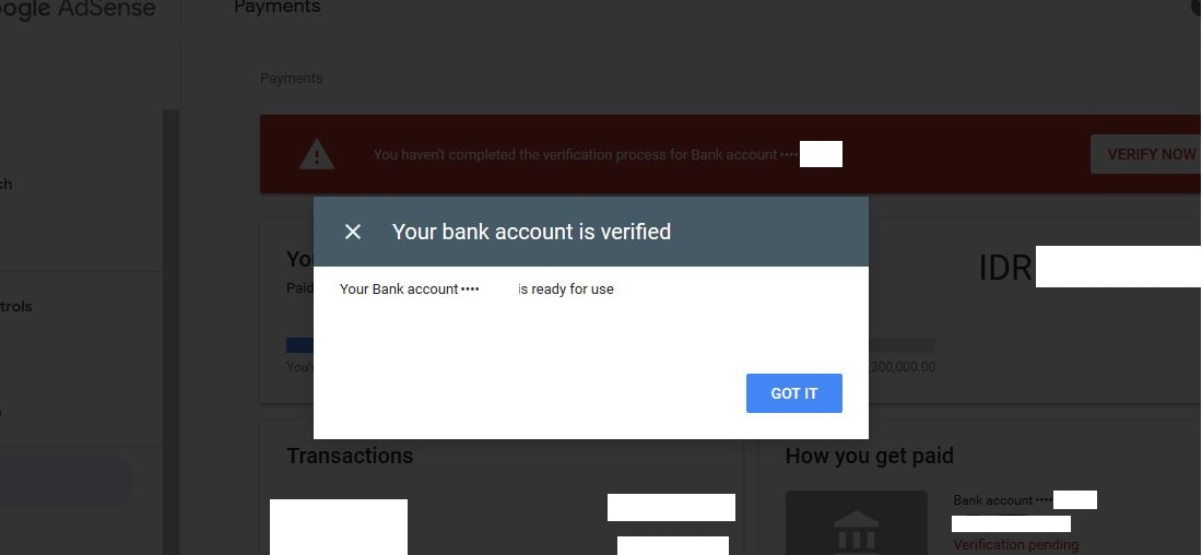 Successful bank account verification for AdSense payment.