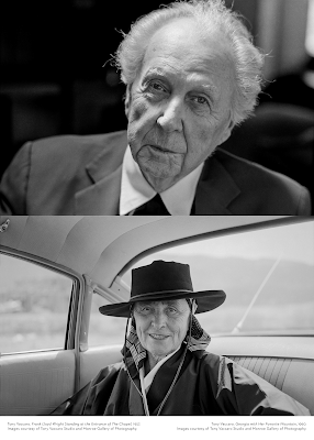 Graphic with 2 black and white portraits by Tony Vaccaro: close up of Franl Lloyd Wright in Taliesin, Wisconsin, 1957 and close up of Georgia O'keefe in back seat of car wearing a wide brim hat, Taos Peupble, New Mexico, 1960