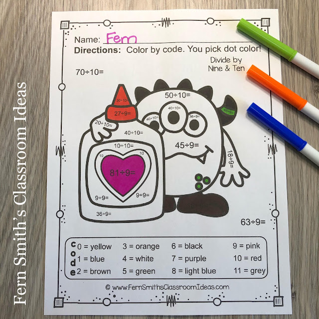 Grab These St. Valentine's Day Color By Number Multiplication and Division Love Monsters Worksheet Bundle Resource TODAY!