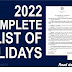 LIST OF HOLIDAYS 2022