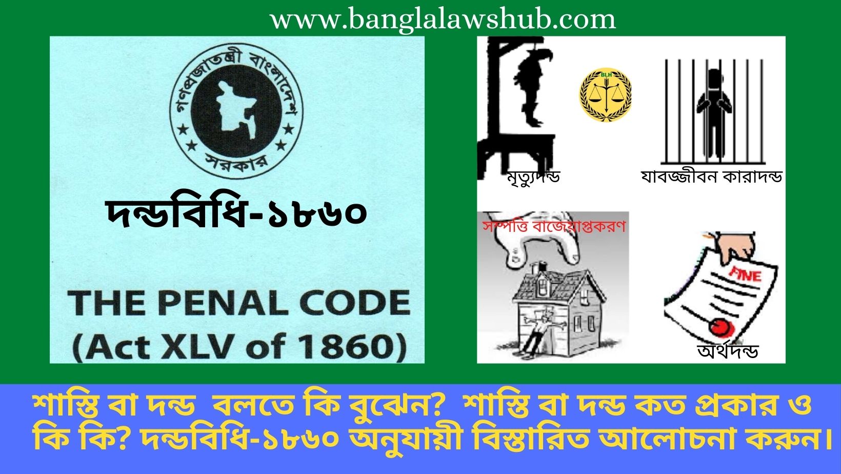 শাস্তি বা দন্ড  বলতে কি বুঝেন?  শাস্তি বা দন্ড কত প্রকার ও কি কি? দন্ডবিধি-১৮৬০ অনুযায়ী বিস্তারিত আলোচনা করুন।