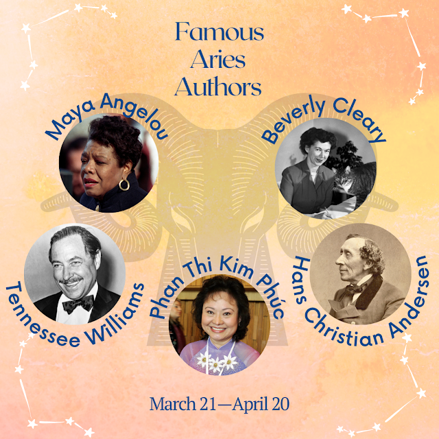 Five notable Aries writers against a soft orange background with the silhouette of a ram behind them