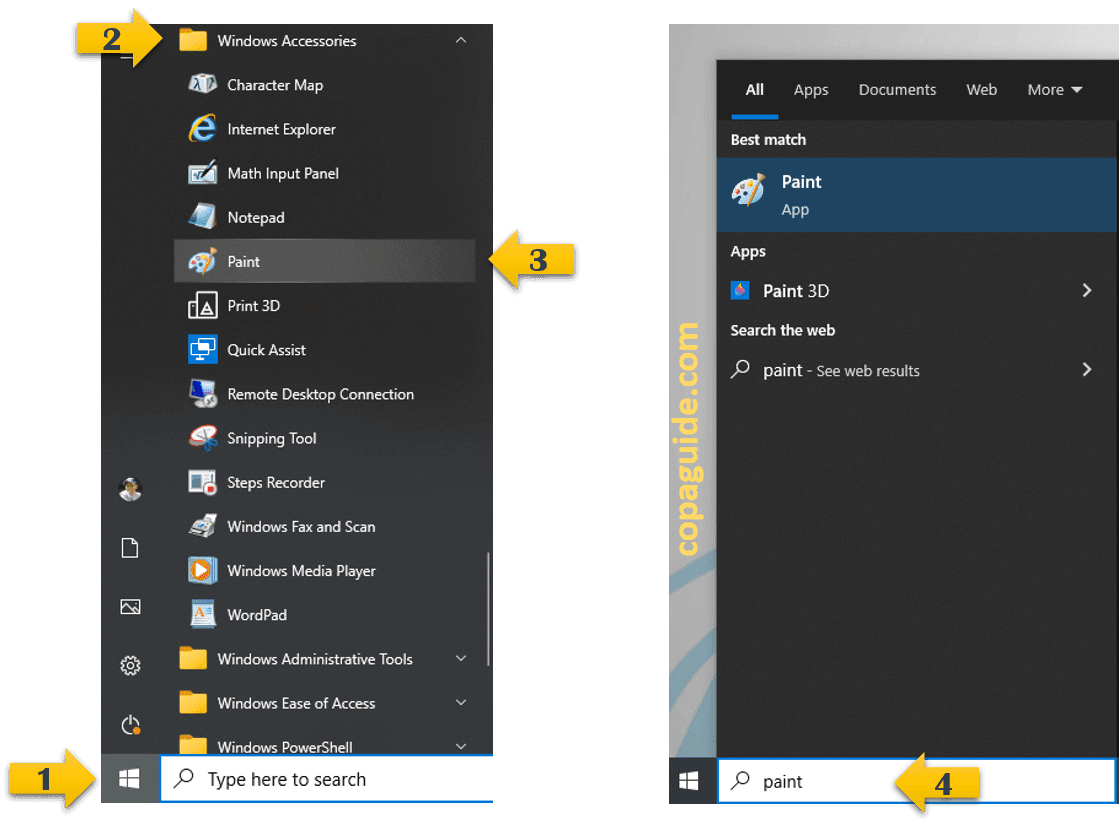 Open MS-Paint Start Button & Search Box