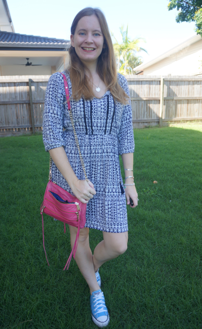 Jeanswest 'Chelsea' printed dress in navy with Converse and pink min 5-zip bag | awayfromblue