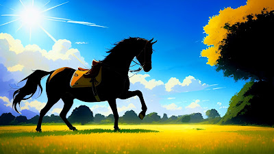 A black horse in a serene meadow