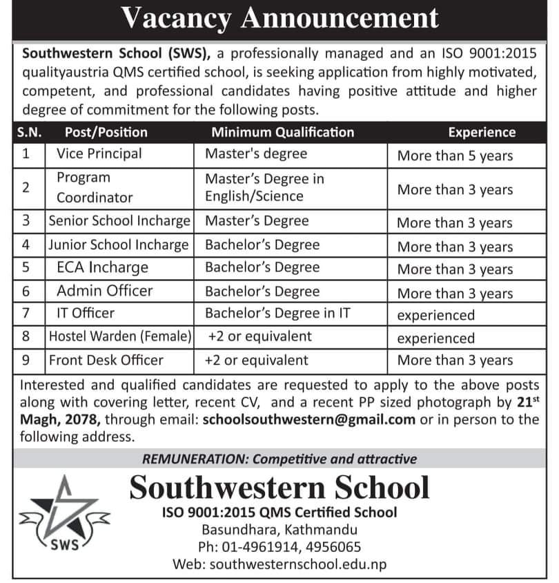 Southwestern School Vacancy for Various Positions
