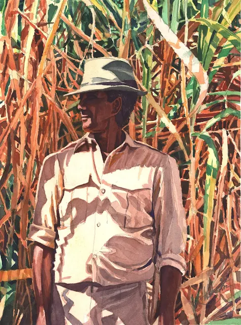 Watercolour portrait of the foreman of a sugar cane plantation supervising the cutters, "Contremaître," by William Walkington