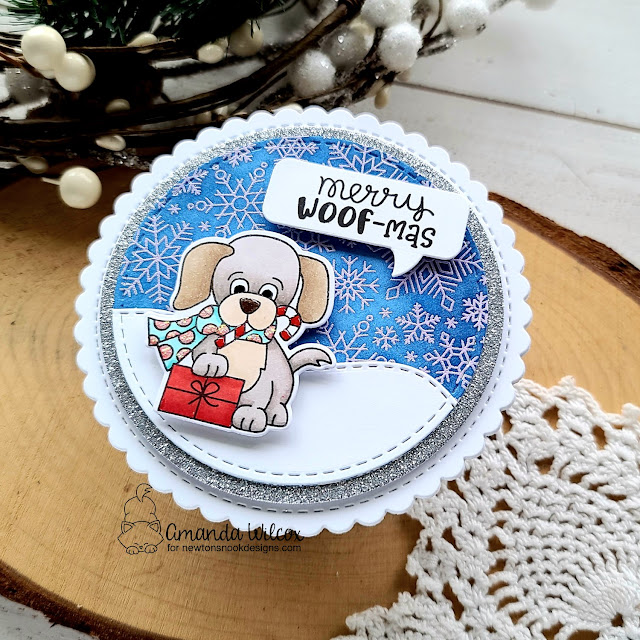 Merry Woof-mas Card by Amanda Wilcox | Christmas Puppies Stamp Set, Snowfall Roundabout Stamp Set, Circle Frames Die Set, Speech Bubbles Die Set, and Sea Borders Die Set by Newton's Nook Designs #newtonsnook #handmade