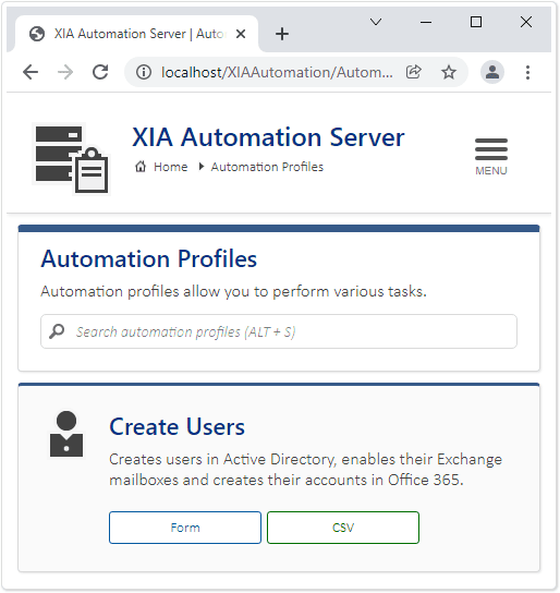 Screenshot of XIA Automation Server's user interface