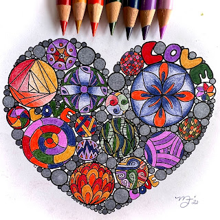 A very colorful and patterned filled heart illustration with a collection of colored pencils at the top of the page.