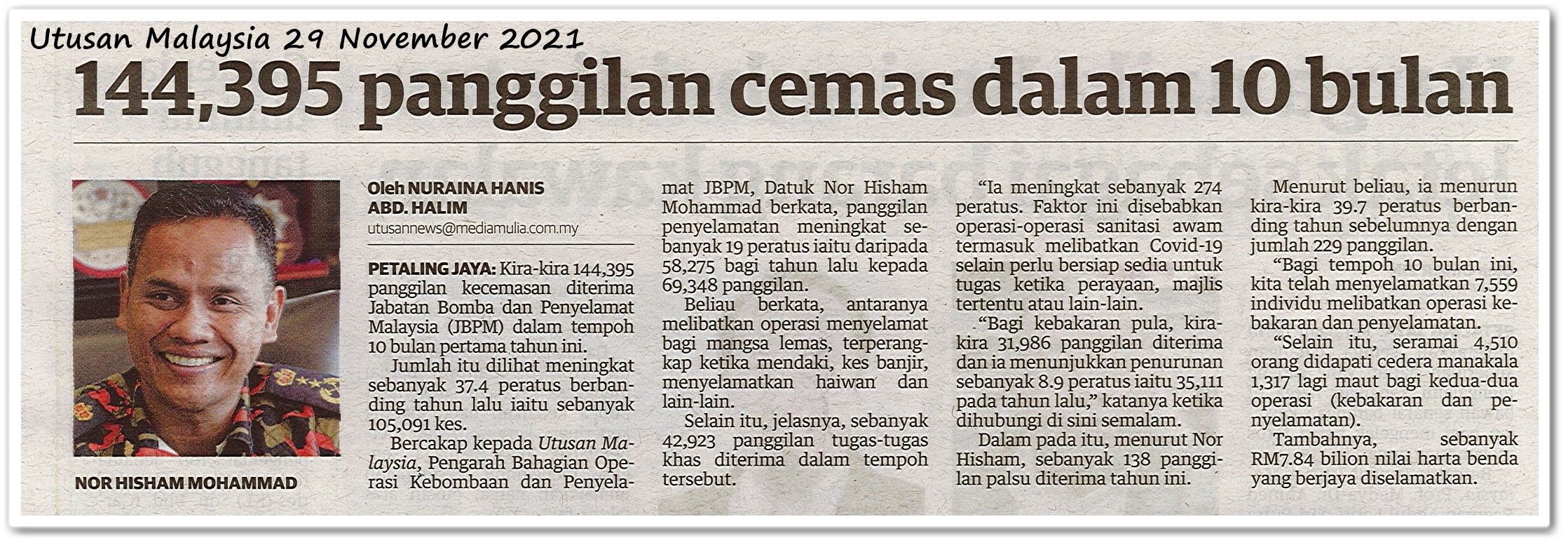 144,395 panggilan cemas dalam 10 bulan - Keratan akhbar Utusan Malaysia 29 November 2021