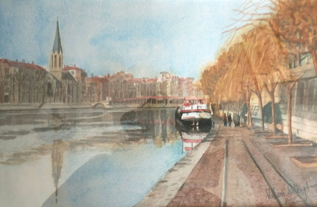 Watercolour of a river barge moored alongside a quay in the city, "Quai de la Saône à Lyon," by William Walkington in 1992.